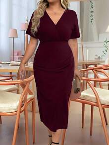 EMERY ROSE Đầm midi xếp ly tay ngắn cổ chữ V thanh lịch cỡ lớn cho nữ - Màu Đỏ Sâu - Xem 3