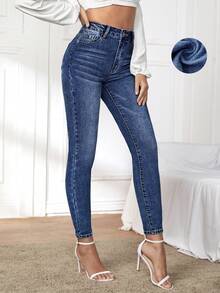 EMERY ROSE Women's High Waist Pocketed Thermal Lined Skinny Casual Versatile Jeans - Dark Wash - View 4