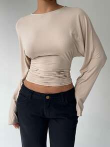 Aloruh Maglietta larga a maniche lunghe con vita stretta, colore unito, adatta per autunno/inverno - Albicocca - Visualizzare 6