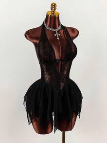 Y2K Amplova Black Deep V-Neck Backless Lace Patchwork Asymmetrical Punk Sexy Hem Sweet & Chic Street Style Mini Dress For Young Girls ,Autumn/Winter Thanksgiving And New Year,Party Dresses For Women,Christmas Party Dress,Party Dresses For Women,Dresses For Women Party - Black - View 6