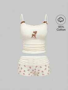 ROMWE J-Fashion Conjunto Blusa de Renda Bordada com Estampa de Cervo Fofo e Shorts Combinando com Estampa de Cervo