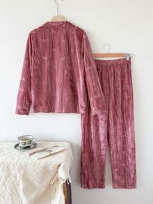 SHEIN Teen Girls Simple Fashion Casual Solid Color Velvet Embossed Fabric Bow Decor Long Sleeve Pants 2 Pieces Pajama Set Pink Pajama Set 2 Pieces Pj Set Velvet Pajama Set Bow Print Pajama Set Red Pj Set Women 2 Piece Pj Set - Dusty Pink - View 2