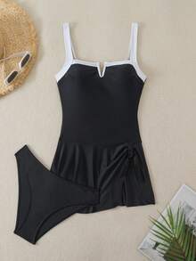 Swim Lushoire 2pcs Women's V-Neck Asymmetric Hem Beach Dress & Swimsuit Set, Suitable For Summer Beach Vacation - Black and White - View 7