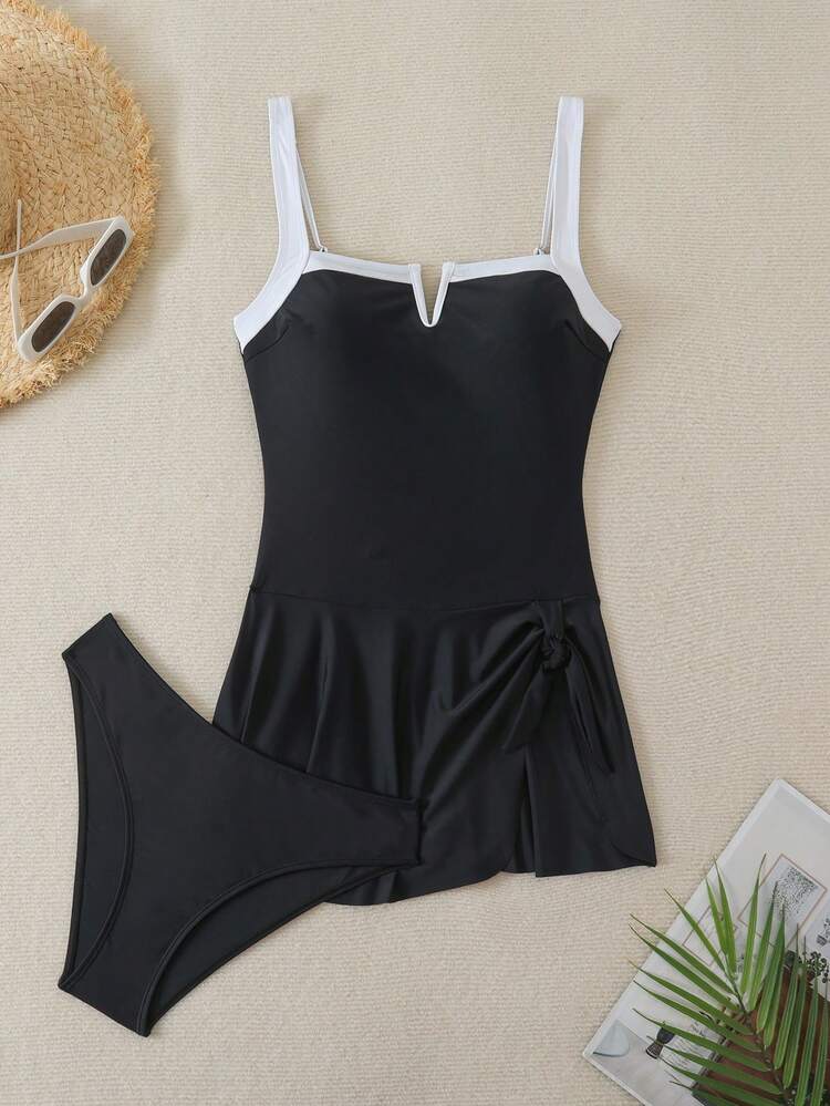 Swim Lushoire 2pcs Women's V-Neck Asymmetric Hem Beach Dress & Swimsuit Set, Suitable For Summer Beach Vacation - Black and White - View 7