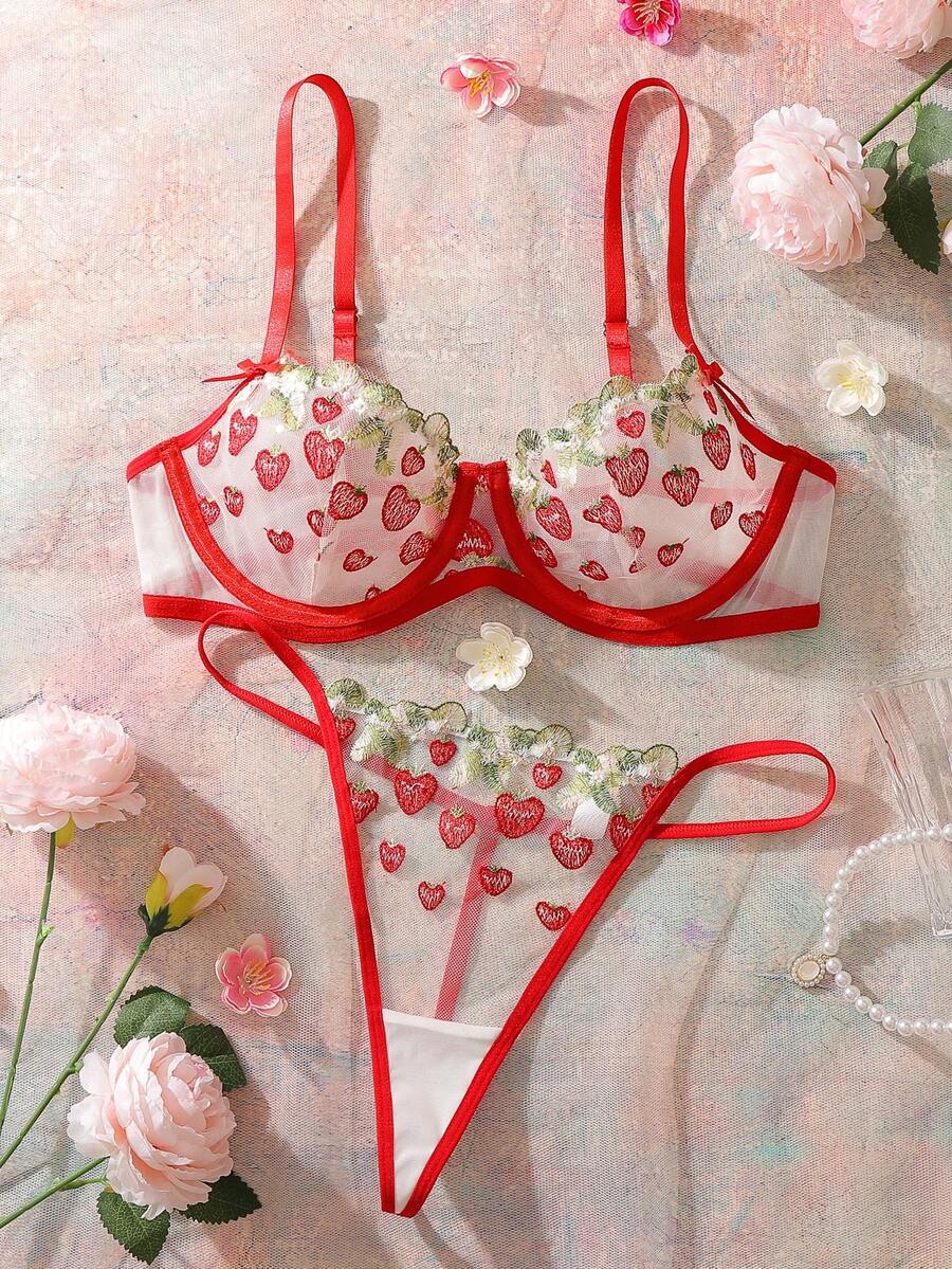 Women's Red Strawberry Embroidery Bowknot Sheer Lace Lingerie Set, Sweet & Playful, Suitable For Dates And Holidays - Multicolor - View 1