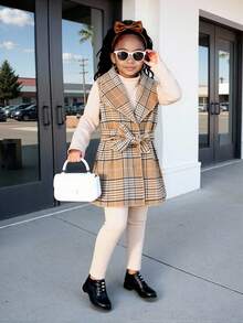 3 件套幼儿女童春秋新款提花针织仿针织高领长袖简约 T 恤、休闲打底裤、格子翻领长款背心夹克（配腰带）、百搭家居服和通勤装 - 卡其色 - 查看 3