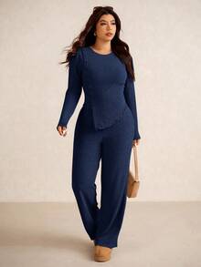Elaquor Plus Size Women 2 Pieces Set,Navy Blue Ribbed Knit Button Decor Asymmetrical Hem T-Shirt&Pants,Autumn Curve Smart Casual Loungewear For Winter Commute - Navy Blue - View 6