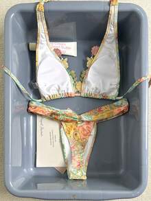 Swim Vcay Women's Summer High-End Gold Thread Embroidered Lace Paisley Color Block Romantic French Riviera Bikini Set - Multicolor - View 7
