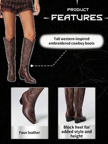 ROMWE Fairycore 女式2025春秋季新款自然风咖啡棕色刺绣西部靴，户外时尚一脚蹬及膝靴 - 咖啡棕 - 查看 7