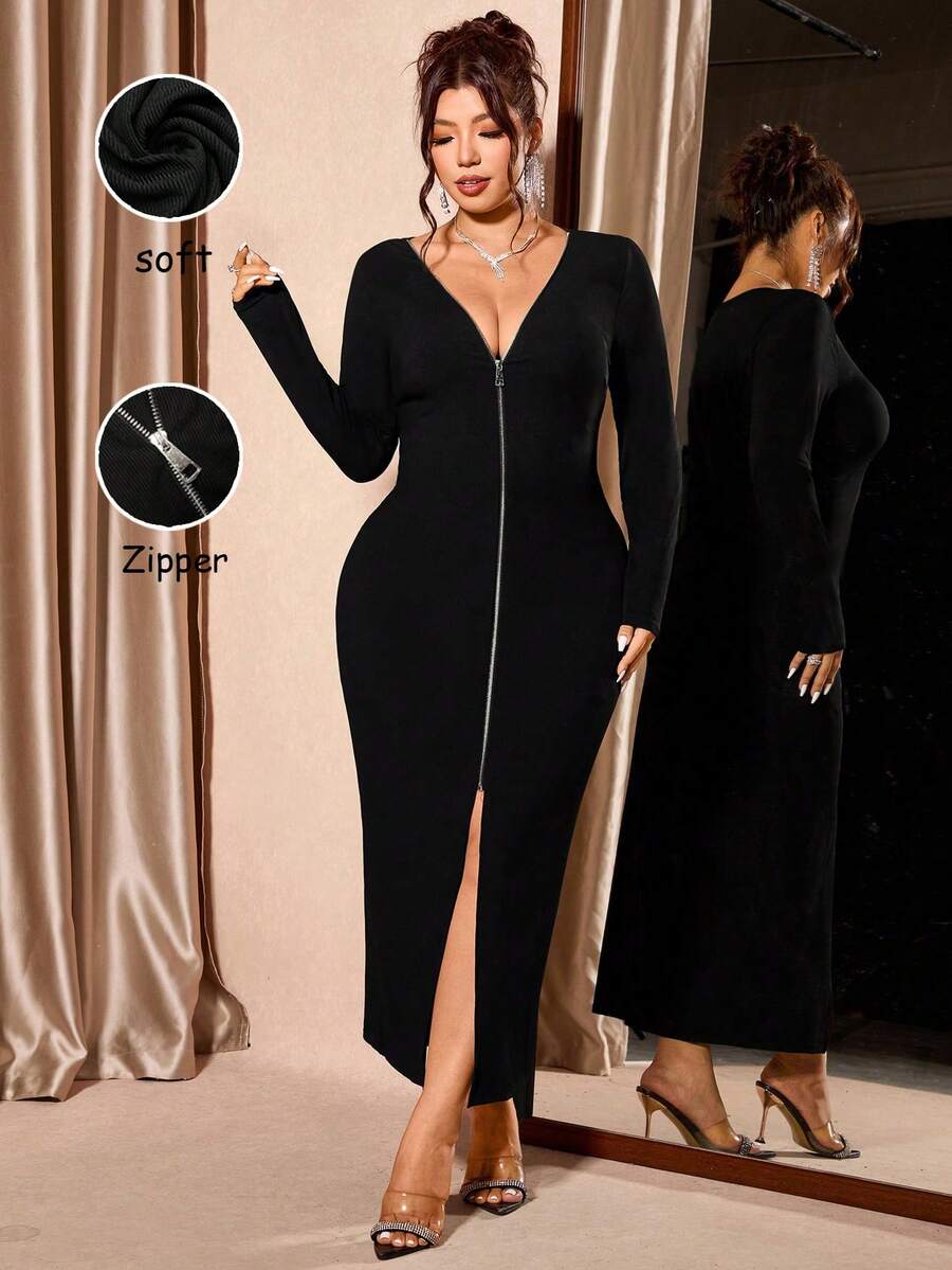 Cravure Váy dệt kim dài tay cổ chữ V có khóa kéo gợi cảm lấy cảm hứng từ Y2K dành cho nữ cỡ lớn cho mùa thu đông - Váy ôm sát, thanh lịch với viền xẻ tà - màu đen - Xem 1