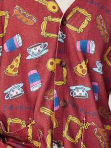 FRIENDS X SHEIN 男士休闲宽松针织披萨和咖啡图案前扣开衫，红色，圣诞节 - 酒紅色 - 查看 4