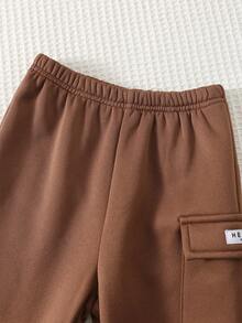 Cozy Pixies 2 件套男婴简约 3D 字母图案针织柔软圆领长袖连帽衫和松紧腰裤套装 - 棕色 - 查看 7