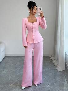 Rafferiza Women's Elegant Square Neck Long Sleeve Suit Set Women Pants Suit Two Piece Set Women Elegant 2 Piece Casual Sets Woman Pant Suit Summer Sets - Pink - View 5