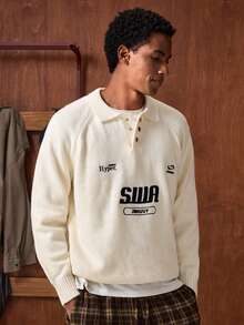 SWAVVY Men's Fashion Letter Pattern Polo Collar Raglan Sleeve Casual Sweater, Autumn/Winter - Apricot - View 4