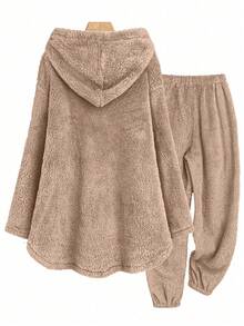 EMERY ROSE Women's Elegant Plush Long Sleeve 2 Pieces Loungewear Set, Autumn/Winter - Khaki - View 2