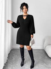 Elenzga Plus Size Casual Pearl Button Sweater Dress - Black - View 4