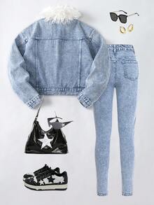 Teen Girls Casual Fashionable Versatile Blue Washed Denim 2-Piece Set, Detachable Furry Collar Design Simple Denim Top + Skinny Stretch Denim Pants, Essential Autumn/Winter Item For Stylish Girls