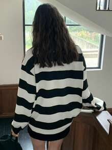 Dazy Kids 少女条纹纽扣运动衫 - 黑與白 - 查看 6