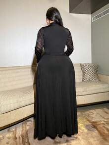 NU&NOW Váy dài tay cổ đứng, chất liệu vải thun dệt kim, chắp vá, tay dài, dáng rộng cho nữ, váy dự tiệc thanh lịch cho mùa thu/đông - màu đen - Xem 6