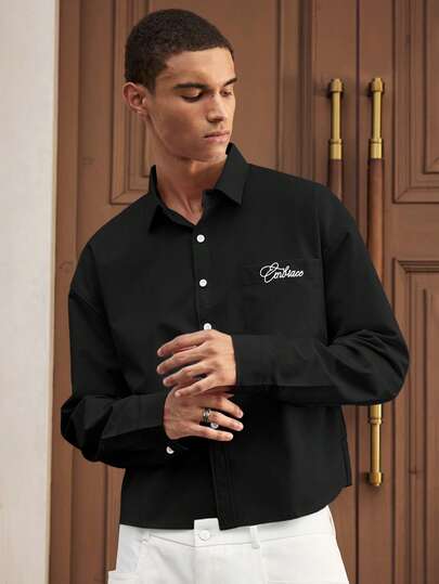 SWAVVY Men's Solid Color Letter Graphic Long Sleeve Casual Shirt