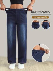 Flexra Women's Elastic Waist Pocket Washed Casual Jeans - Blue - View 1