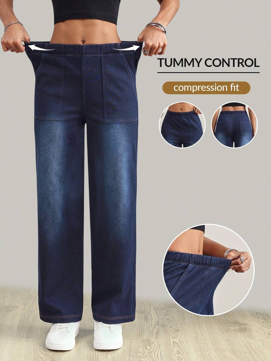 Flexra Women's Elastic Waist Pocket Washed Casual Jeans - Blue - View 1