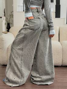 Rivivi Women's Fashion Eyelet Belt Loop Straight Loose Fit Denim Jeans