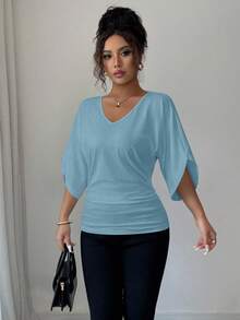 Elenzga Women's Solid Color Mid-Sleeve Cinched Waist Ruched Batwing Sleeve V-Neck Short Sleeve T-Shirt - Blue - View 6