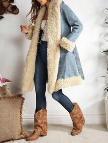 EMERY ROSE Women's Fashionable Fuzzy Patchwork Denim Jacket, Autumn/Winter - Blue - View 5