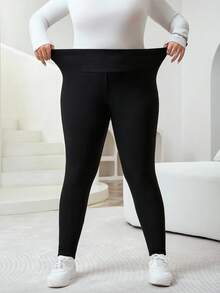 SHEIN CURVE+ 大码女式休闲纯色高腰加厚羊毛紧身裤，百搭日常通勤，秋冬装 - 黑與白 - 查看 3
