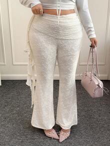 CovetEZ 加大码 Y2K 喇叭裤，荷叶边下摆，蕾丝边，适合秋冬季节假期和约会穿着 - 杏色 - 查看 1