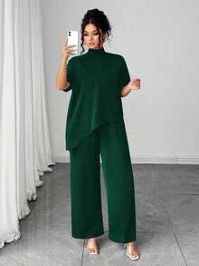 Elenzga Setelan 2 Potong Wanita Ukuran Plus Kasual Leher Tinggi Lengan Pendek Hem Asimetris + Celana Panjang Lebar Polos - Dark Green - View 1