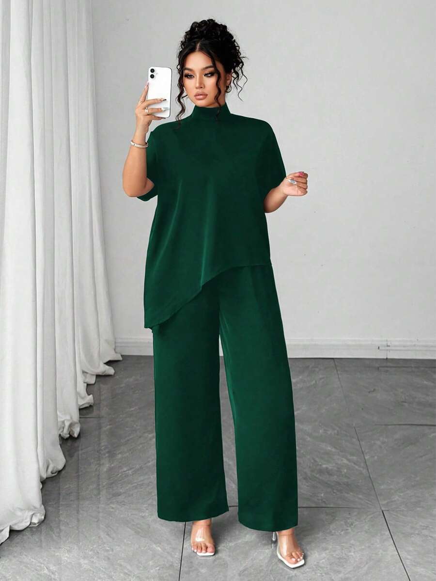Elenzga Setelan 2 Potong Wanita Ukuran Plus Kasual Leher Tinggi Lengan Pendek Hem Asimetris + Celana Panjang Lebar Polos - Dark Green - View 1