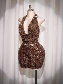 SHEIN ICON Váy ngắn bodycon lấp lánh kim sa cỡ lớn, váy dự tiệc lấp lánh - Màu Đỏ Sâu - Xem 8