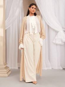 VOLUPTÉ CURVE Plus Size Women's Fall/Winter Champagne Gold Floor Length Cardigan Metallic Knit Sequin Fringe Hooded Drop Shoulder, Elegant Party Evening Cardigan - Gold - View 6