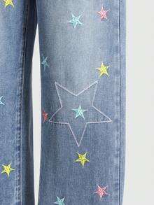 Explorewe SHEIN KIDS Tween Girls Jeans,  Gifts For 11 Year Old Girls,New Arrival For Fall/Winter 2025, American Vintage Fashion Star Embroidery Design, Children's Relaxed Fit Straight Leg Loose Jeans, Suitable For Outings, School, Commute, Parties, Christmas Celebrations And Home Wear Star Jeans Jeans With Design Embroidery Jeans Baggy Star Jeans Tween Jean Pants Star Embroidered Jeans - Blue - View 6
