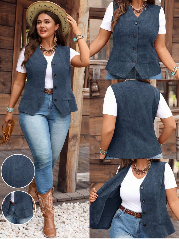 Plus Size Women's Solid Color Single-Breasted Casual Corduroy Vest Jacket/Winter