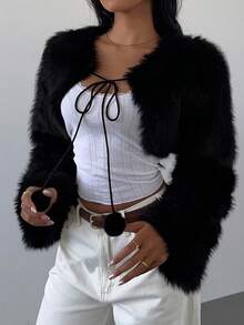 SHEIN SXY 性感可爱白色圣诞仿皮草披肩外套，秋冬时尚黑白上衣优雅休闲皮草上衣女士冬季仿皮草外套 - 黑色 - 查看 3