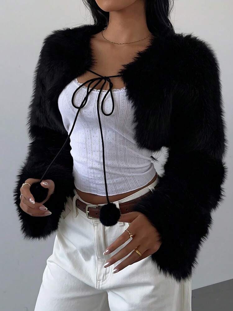 SHEIN SXY 性感可爱白色圣诞仿皮草披肩外套，秋冬时尚黑白上衣优雅休闲皮草上衣女士冬季仿皮草外套 - 黑色 - 查看 3