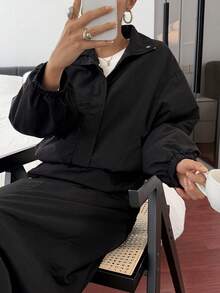 Livesso 女士秋冬加厚休闲宽松户外街头立领夹克外套和直筒裙两件套 - 黑色 - 查看 6