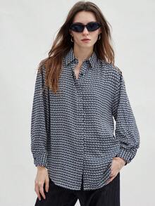 Aveloria Modichic 隐形纽扣全印花长款衬衫，女士休闲纽扣长袖领超大长款多色主教袖衬衫女式衬衫，春秋季，休闲日常穿着纽扣衬衫女式 - 藍色 - 查看 7