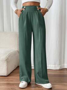 SHEIN Frenchy 大码女式休闲黑色长裤，日常穿着和通勤必备，带金属纽扣装饰、实用口袋，2025 年新款时尚黑色长裤 - 墨綠色 - 查看 5