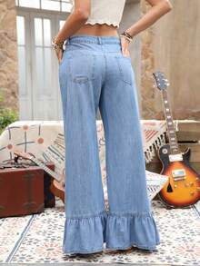 EMERY ROSE Quần jeans ống rộng viền nhún bèo giặt thường ngày cho nữ - Rửa nhẹ - Xem 2