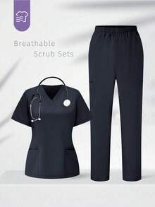 TaskEZ Conjunto de uniformes médicos: Parte superior de cuello en V de manga corta y pantalones para trabajadores de la salud - Gris Oscuro - Ver 1