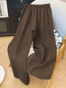 Franclia 大码女式商务/休闲宽松高腰阔腿修身梭织纽扣前裤，春/秋 - 鏽棕色 - 查看 2