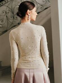 Anewsta Women's Autumn/Winter New Mesh Long Sleeve Pearl Rhinestone Sexy Base Layer Top, Elegant T-Shirt - Apricot - View 3