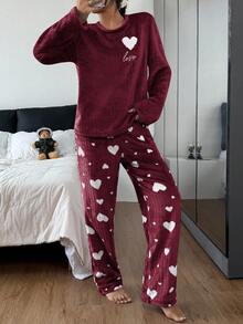 SHEIN Heart Fleece Long Sleeve Top & Pants Fluffy Pajama Set, Cozy Winter Clothes - Red - View 6