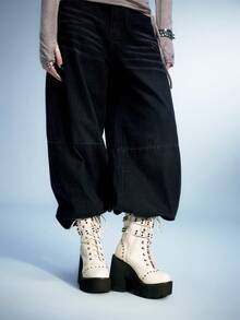 Sugerpunk Giày bốt cao đến bắp chân đế dày, đế thô, màu trắng, trang trí đinh tán cổ điển tối màu theo phong cách Gothic, quai đôi, giày bốt đi xe đạp phong cách Punk Rock thường ngày - Màu be - Xem 4