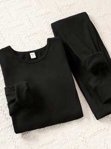 SHEIN 2 件套青少年女孩黑色保暖针织长袖上衣和打底裤打底衫套装，秋冬 - 黑色 - 查看 4