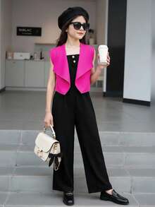 Tween Girl Elegant Solid Color Top & Jumpsuit 2 Pieces Set - Multicolor - View 7